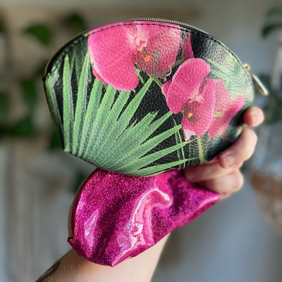 Makeup Bag Set - Pink Glitter & Floral Orchid Print Cosmetic Pouches 2 Piece Set - Picture 5 of 8